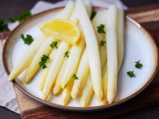 Frischer weißer Spargel, perfekt gekocht, garniert mit Petersilie und einer Zitronenspalte auf einem Teller. Ein Genuss, der Lust auf mehr macht.