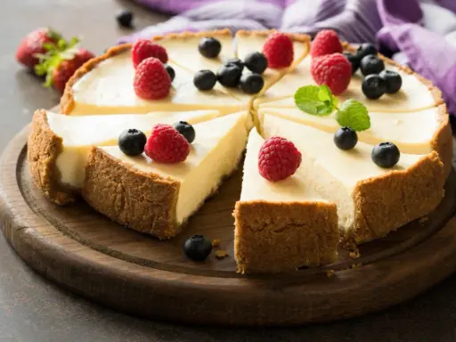 Pyszna tarta sernikowa z malinami i borówkami na drewnianej desce.