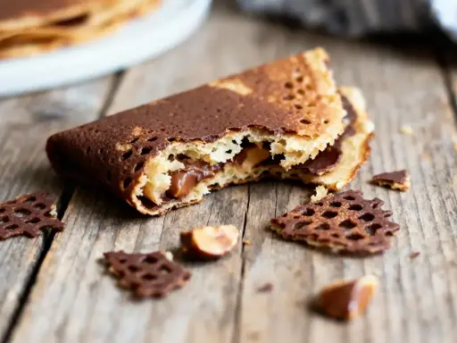 Crêpe dentelle au croustillant praliné, garnie de chocolat et noisettes, sur fond de bois.