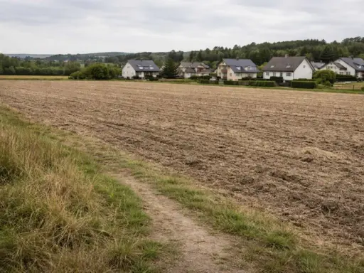 Pola po odrolnieniu działki, gotowe pod budowę domów. W tle widać zabudowania i las.