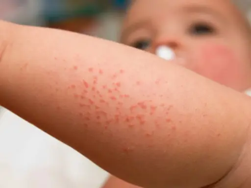 Bébé avec un bouton de chaleur sur le bras. Petits points rouges sur la peau.
