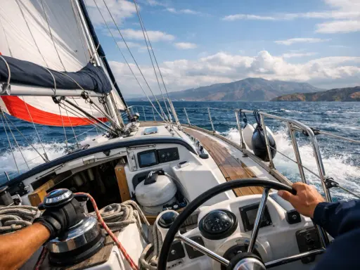 Voile blanche et rouge gonflée par le vent, le barreur guide le voilier. Un aperçu du lexique marin en action.
