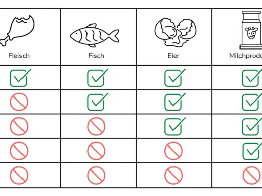Tabelle zeigt, was eine omnivore Ernährung bedeutet: Fleisch, Fisch, Eier, Milchprodukte und pflanzliche Lebensmittel sind erlaubt.