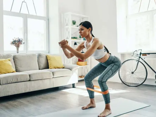 Femme faisant des squats avec une bande de résistance pour affiner ses jambes, dans un salon lumineux.