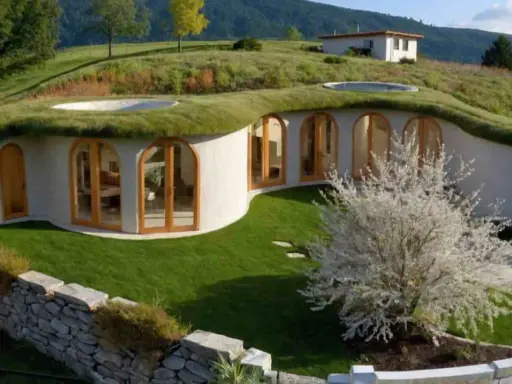 Maison semi enterrée sur un terrain en pente, avec un toit végétalisé et de grandes fenêtres cintrées. Un arbre fleuri blanc devant.