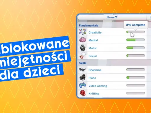 Jak zwiększyć umiejętności Sims 4 u dzieci? Na ekranie widać panel z listą umiejętności, np. Kreatywność, Mentalne, Motoryczne, Społeczne, Charyzma, Gra na pianinie, Gry wideo i Dziewiarstwo.