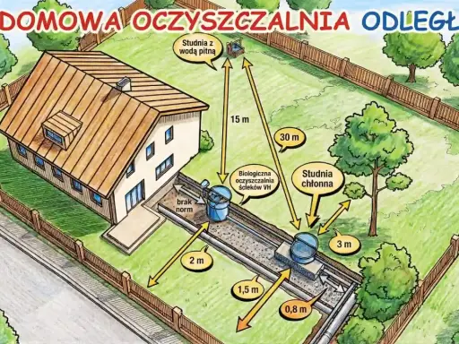 Schemat przydomowej oczyszczalni ścieków z zaznaczonymi odległościami do studni z wodą pitną i studni chłonnej.