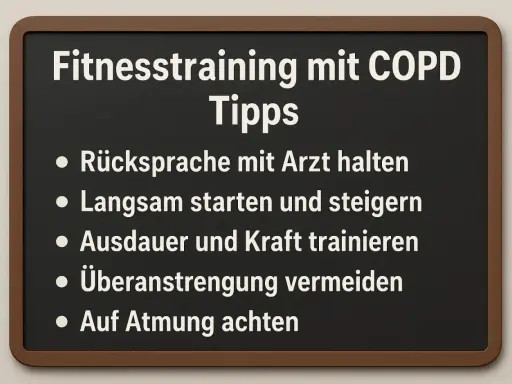 Tipps für COPD-Sport: Arzt konsultieren, langsam starten, Ausdauer & Kraft trainieren, Überanstrengung meiden, auf Atmung achten.
