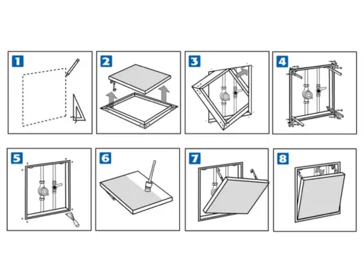 Instructions pour installer un **joint de trappe**. Les étapes montrent le traçage, l'assemblage du cadre, la fixation des tuyaux, l'application du joint, et la pose de la trappe.