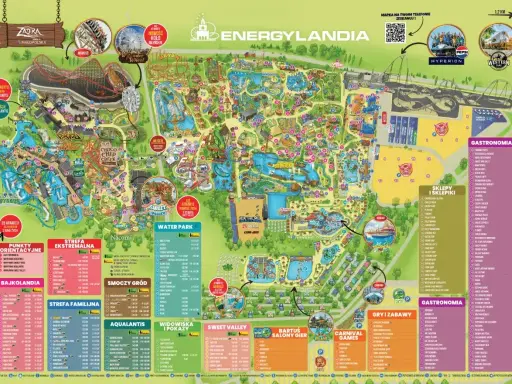 Mapa Energylandii, gdzie jest raj dla każdego! Zobacz strefy: Ekstremalna, Familijna, Bajkolandia, Water Park, Sweet Valley i atrakcje.