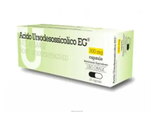 Scatola di Acido Ursodesossicolico EG 300 mg capsule. Per l'assunzione prima o dopo i pasti, consultare il foglietto illustrativo.