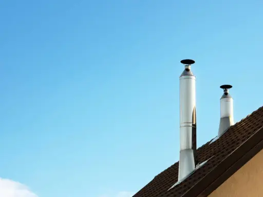 Dos tubos de chimenea metálicos se alzan sobre un tejado marrón contra un cielo azul claro. Listos para aprovechar el calor del tubo de la chimenea.