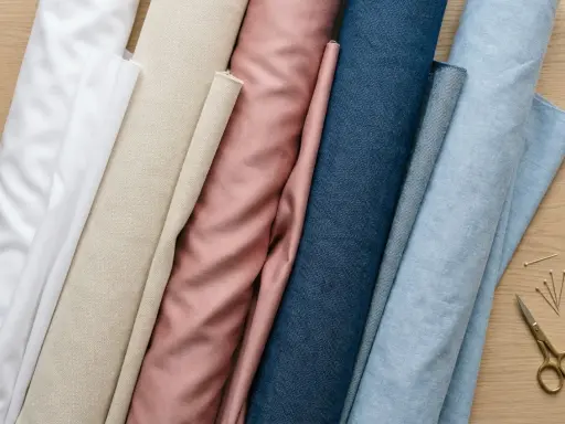 Rullar av tyg i olika färger, från vitt till ljusblått, med en rosa och beige nyans emellan. Bomullsegenskaper gör dessa tyger mångsidiga för sömnad.