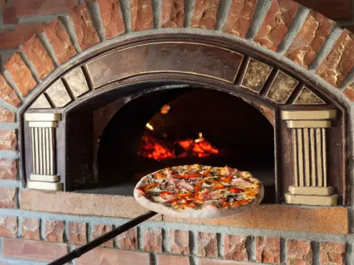 Une pizza garnie est sur le point d'entrer dans un four à pizza extérieur en briques rouges, avec des flammes visibles à l'intérieur.