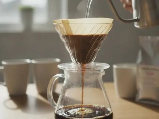 Heißes Wasser fließt langsam durch den Filter, um den perfekten pour over kaffee zuzubereiten. Dampf steigt auf, während der Kaffee in die Kanne tropft.