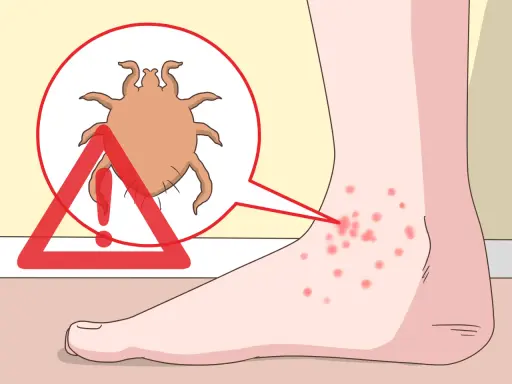 Un pied présente des piqûres rouges, signe d'un orteil qui gratte le soir à cause d'un acarien.