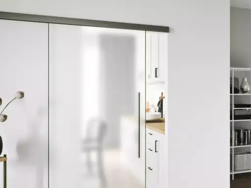 Puerta corredera de cristal esmerilado con tirador negro. Una guía superior negra y un riel inferior negro son clave para como poner una puerta así.
