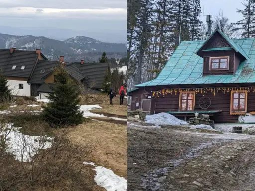 Dwa schroniska górskie, jedno z białymi ścianami i czarnym dachem, drugie drewniane z zielonym dachem, ozdobione lampkami. Wielka racza szlaki prowadzą do nich.