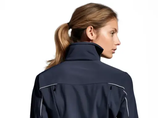 Kobieta w granatowej kurtce softshell. Kurtki softshell co to znaczy? To lekka, oddychająca odzież wierzchnia, idealna na zmienną pogodę.