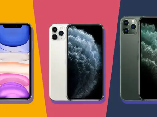 Trzy modele iPhone'ów w różnych kolorach: fioletowym, białym i zielonym. Widać ich tylne aparaty i ekrany. To świetne iphone porownanie.