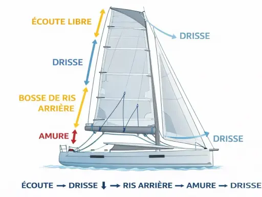 Schéma d'un voilier montrant le réglage de la grand-voile. La bosse de ris arrière est utilisée pour réduire la voilure.