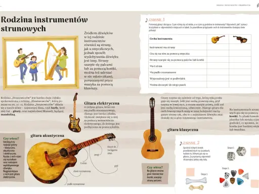 Rodzina instrumentów strunowych: gitara akustyczna, elektryczna i klasyczna. Każdy chordofon inaczej wydobywa dźwięk.