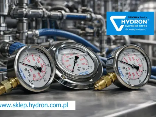 Trzy manometry hydrauliczne pokazują ciśnienie. Dowiedz się, manometr co to jest i jak działa, na stronie www.sklep.hydron.com.pl.