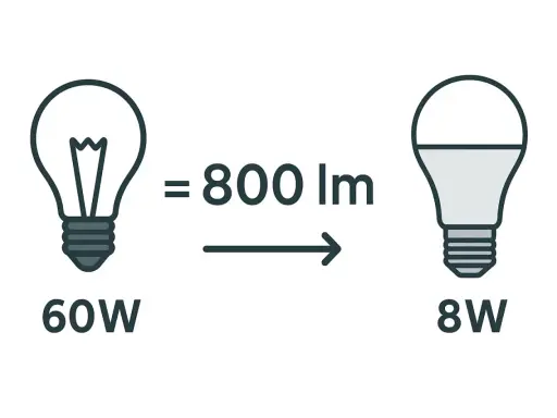 Une ampoule 60W équivaut à 800 lumens, comme une ampoule LED 8W.