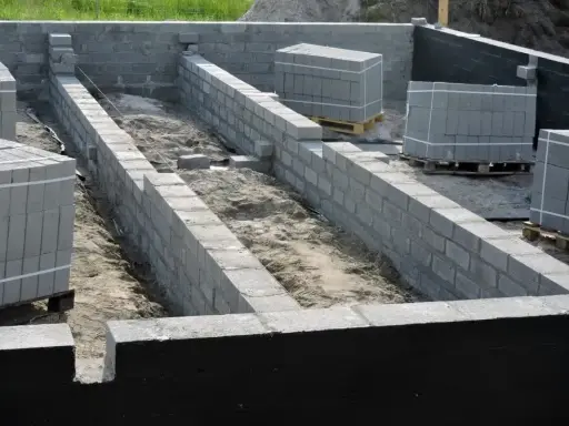 Budowa domu w toku: wykopy pod fundamenty i pierwsze ściany z bloczków betonowych. Materiały budowlane czekają na użycie.