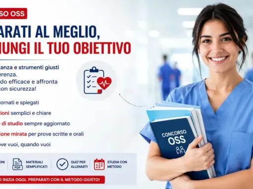 Donna sorridente in camice blu, futura assistente socio sanitario, con libri per il concorso OSS.