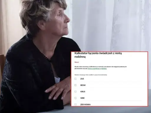 Zamyślona starsza pani analizuje kalkulator renty rodzinnej, zastanawiając się, ile renty po ojcu jej przysługuje.