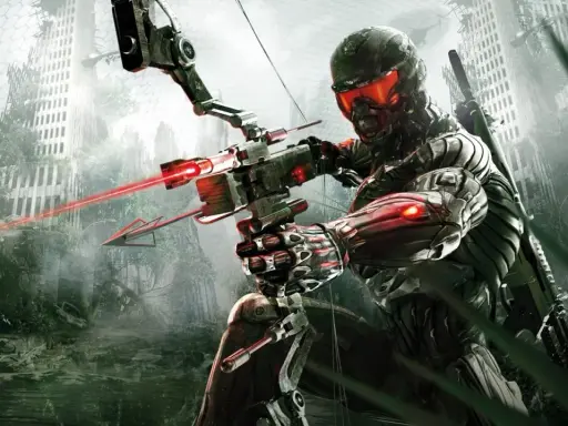 Żołnierz w zaawansowanym kombinezonie celuje z łuku z laserową strzałą w zniszczonym mieście. To zapowiedź Crysis 4.