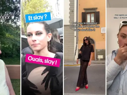 Quatre vignettes montrant des personnes réagissant au mot "slay". Une grand-mère dit "Slayyyyy", une jeune femme dit "Ouais, slay !", une autre dit que son style "slays" quand les garçons n'aiment pas, et une dernière se couvre la bouche après avoir di...