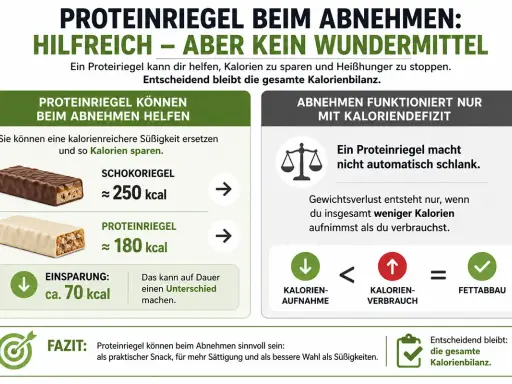 Ein Proteinriegel spart ca. 70 kcal im Vergleich zu Schokolade. Wichtig für Abnehmen ist das Kaloriendefizit, also wieviel Kaloriendefizit zum Abnehmen nötig ist.