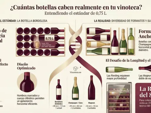 Infografía sobre el espacio en vinotecas, comparando botellas estándar de 0,75L con otros formatos de marcas de vinos.