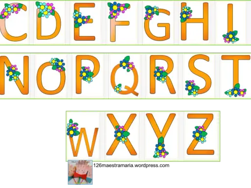 Lettere da stampare per striscioni, con fiori colorati che decorano ogni lettera dell'alfabeto.
