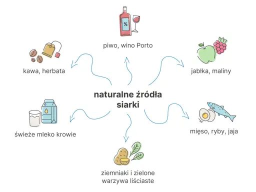 Naturalne źródła siarki: kawa, herbata, piwo, wino, jabłka, maliny, mleko, ziemniaki, warzywa liściaste, mięso, ryby, jaja.