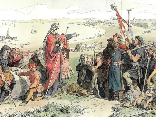 Eine Königin weist den Weg, während Wikingerfrauen und Krieger aufbrechen. Schiffe liegen im Hafen, im Hintergrund eine Siedlung.
