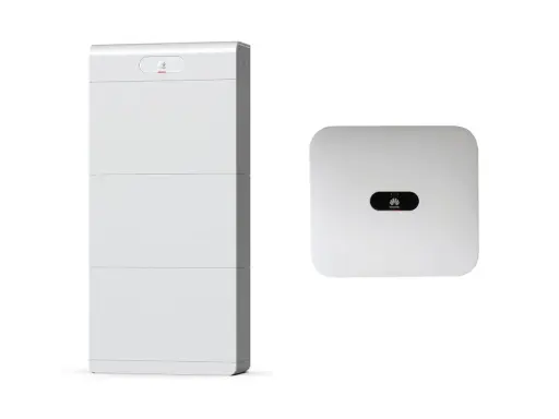 Vit, stapelbar batterienhet, modell luna2000, bredvid en vit växelriktare.
