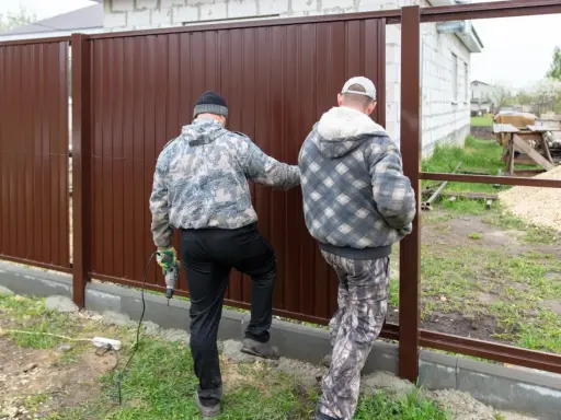 Dwóch mężczyzn montuje brązowy płot. Jeden z nich trzyma wiertarkę. Czy można postawić płot przy płocie?