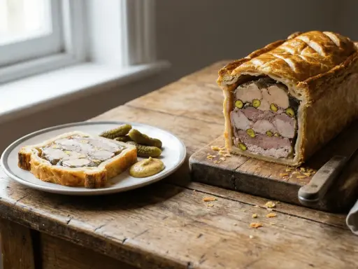 Pâté en croûte aux pistaches, une recette savoureuse. Une tranche est servie avec des cornichons et de la moutarde.