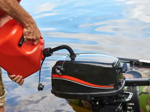 Un homme verse de l'essence dans un moteur hors-bord. Il se demande quel essence pour moteur 2 temps utiliser pour sa sortie en bateau.