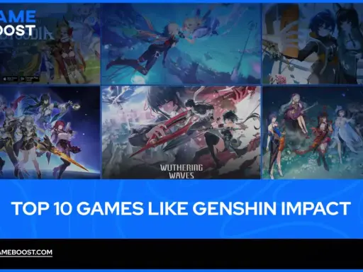 Kolaż z grafikami z gier, w tym Honkai: Star Rail i Wuthering Waves, prezentujący gry podobne do Genshin Impact.