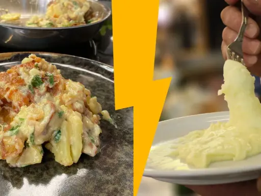 Un plat typique auvergnat : pommes de terre sautées et crémeuses, servies avec une purée onctueuse.
