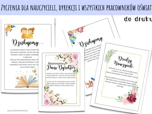 Zestaw kartek z podziękowaniem dla nauczycieli i dyrekcji. Wzruszające życzenia i piękne grafiki.