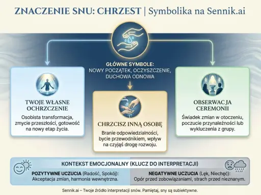 Co to jest chrzest święty we śnie? Symbolizuje nowy początek, oczyszczenie i duchową odnowę. Może oznaczać osobistą transformację lub branie odpowiedzialności za innych.