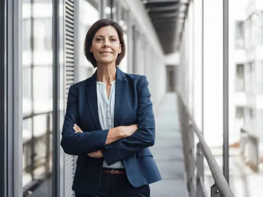 Donna in giacca blu con braccia conserte, sorride. Potrebbe essere un'area manager che discute del suo stipendio.