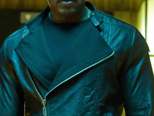 Czarny skórzany motocyklowy płaszcz, jak z okładki "Dr. Dre Detox".