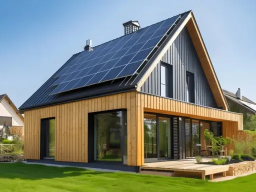 Une maison bioclimatique moderne avec panneaux solaires sur le toit, bardage bois et grandes baies vitrées, profitant du soleil.