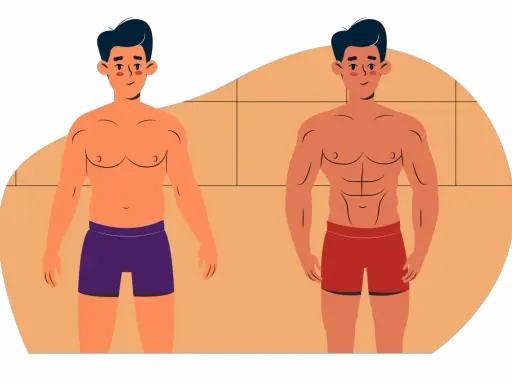 Mann vor und nach dem Abnehmen ohne Muskelabbau. Deutlich sichtbare Transformation von einem etwas fülligeren Körper zu einem definierten Sixpack.